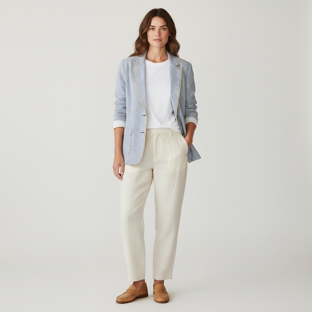 Chico's Seersucker Striped gray white yellow Yachtie Blazer coastal classic - Picture 6 of 16